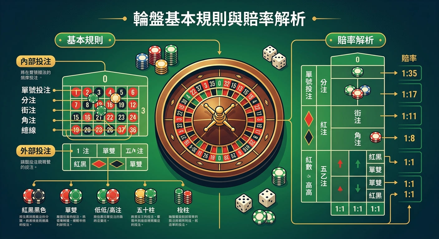 這張圖片是一個以綠色與黑色為基調的輪盤遊戲教學圖解，中央展示著精緻的法式/歐式輪盤與籌碼。 上方頂部標示著唯一標題「輪盤基本規則與賠率解析」，周圍則搭配了投注桌面圖表、骰子與各類賠率說明的視覺元素。