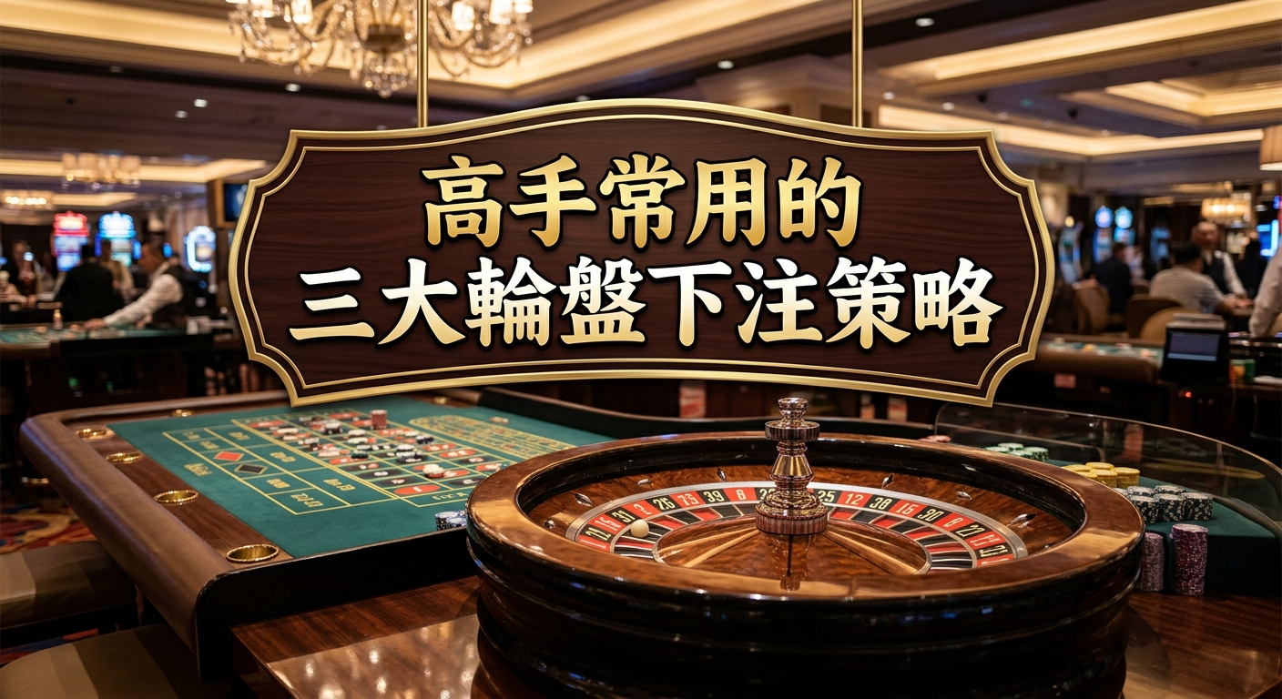 這張圖片以豪華賭場為背景，展現精致的輪盤與籌碼桌細節。 中央懸掛一塊高貴典雅的標牌，上面印有清晰醒目的標題「高手常用的三大輪盤下注策略」。