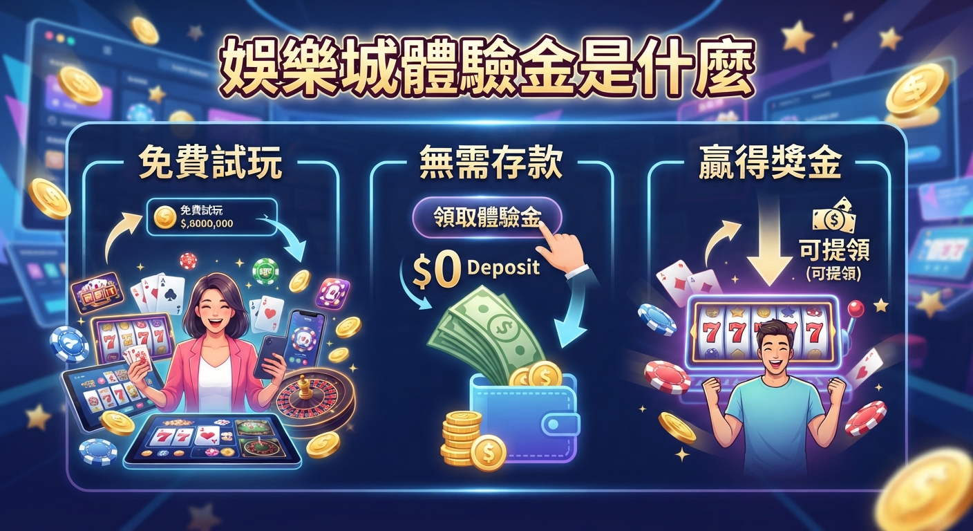 這張圖片以繁體中文「娛樂城體驗金是什麼」為標題，透過三個區塊圖解了免費試玩、無需存款與贏得獎金可提領的概念。